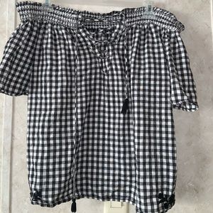Off the shoulder plaid black and white lace up top